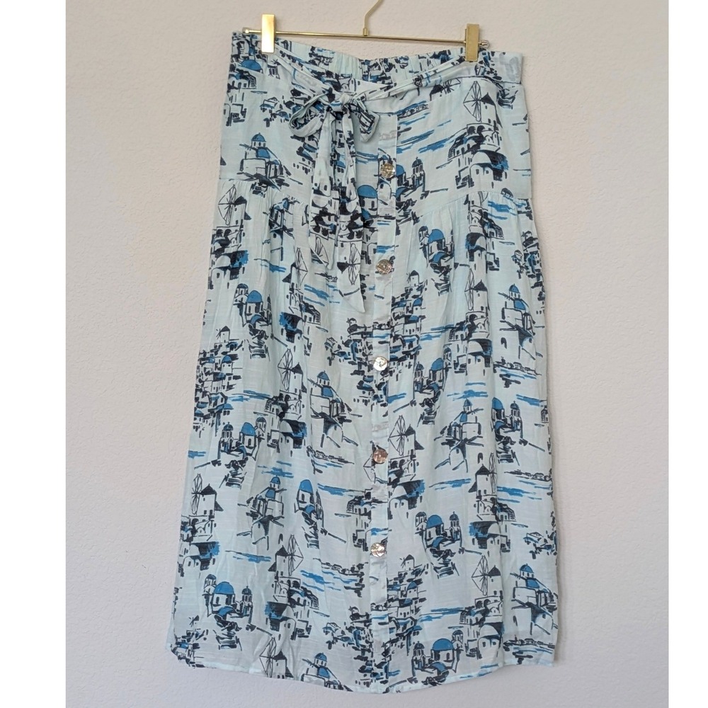 Nanette Nanette Lepore Village Print Midi Skirt Women L Blue Button Front Belted